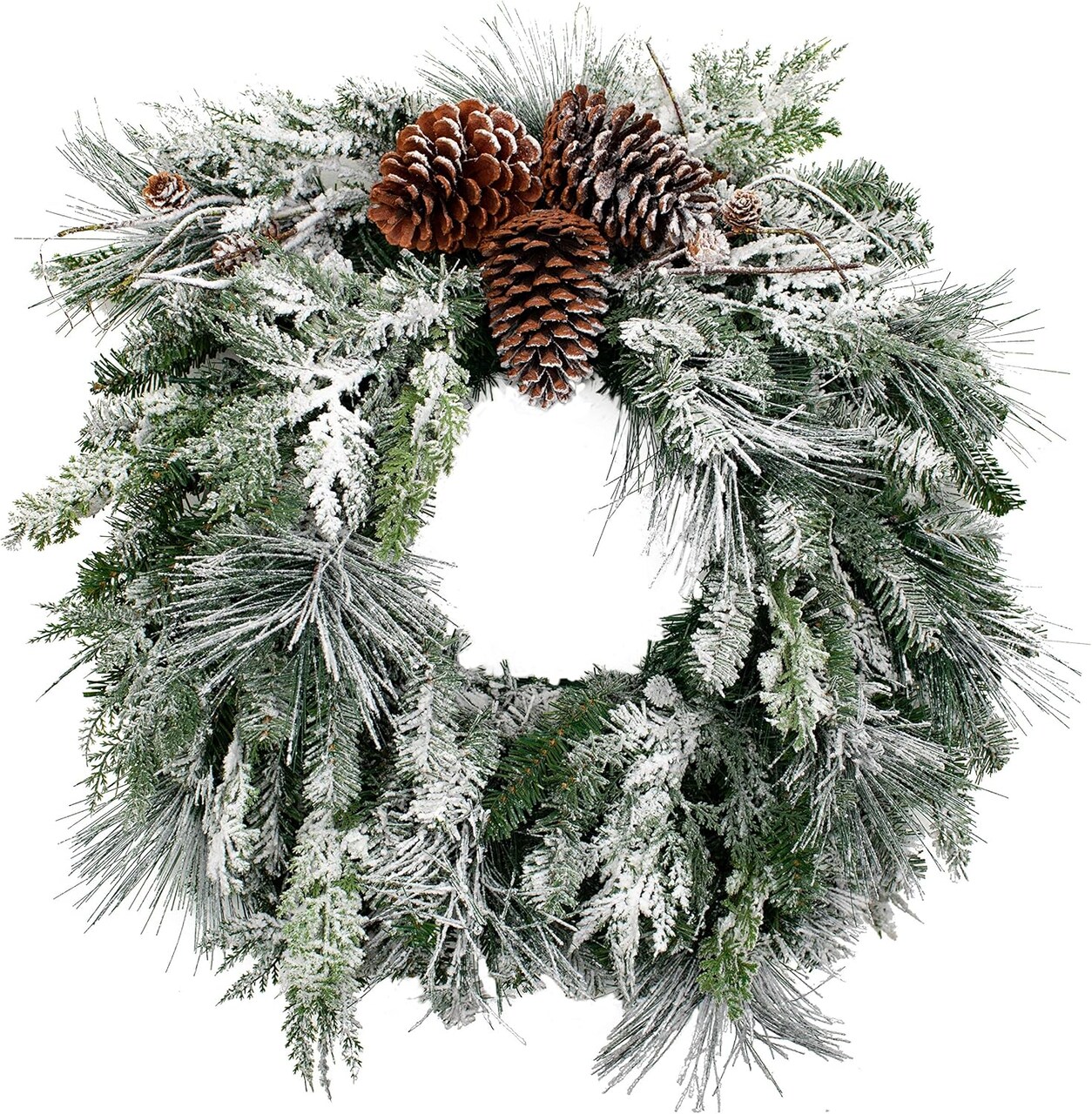 24 Inch Flocked Pre-lit Snowfall Creek Christmas Wreath (Green) 9"D x 26"W x 26"H